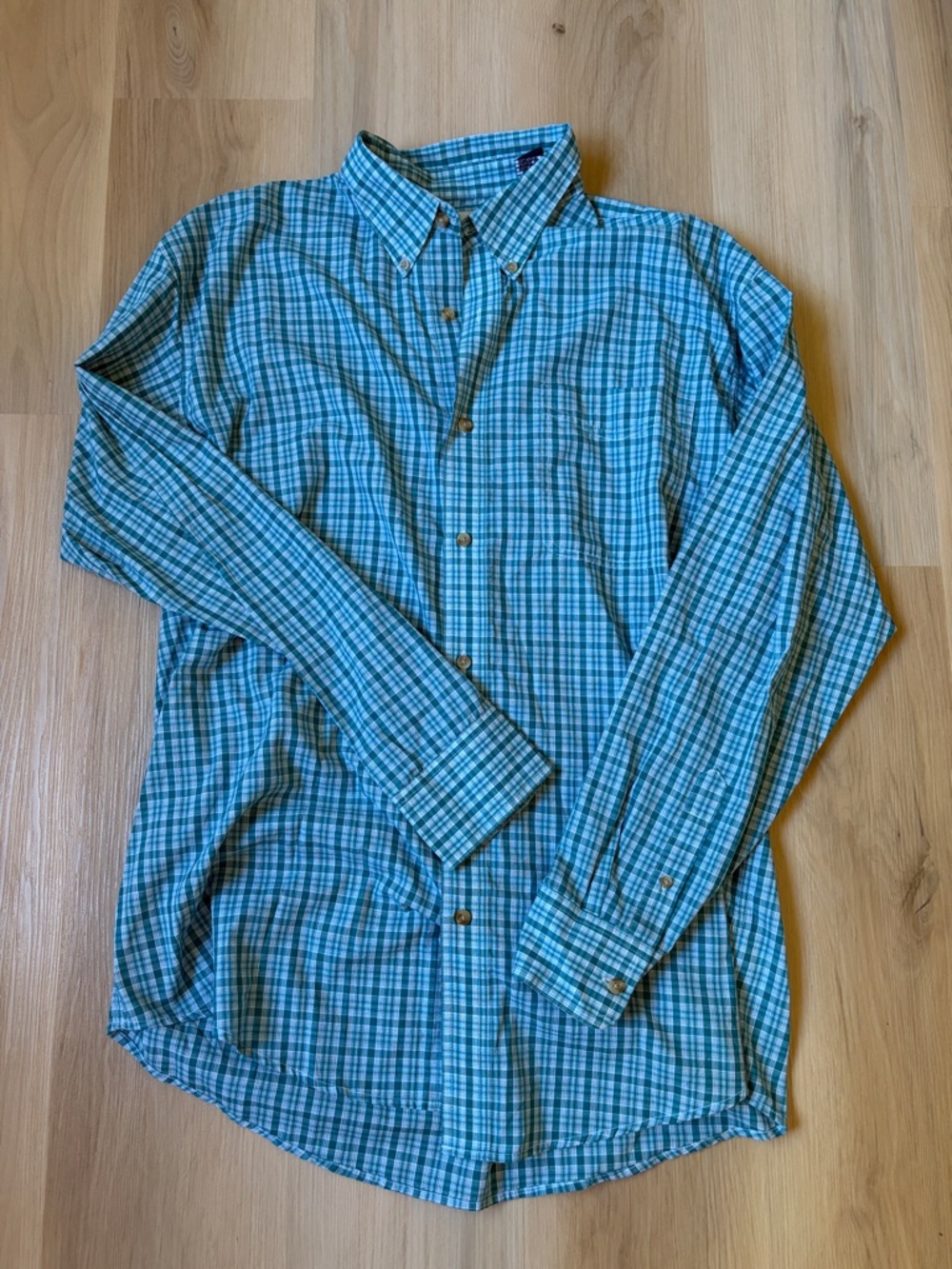 Wrangler - Men’s Teal and Blue Plaid Button-Down Long Sleeve Shirt - XL